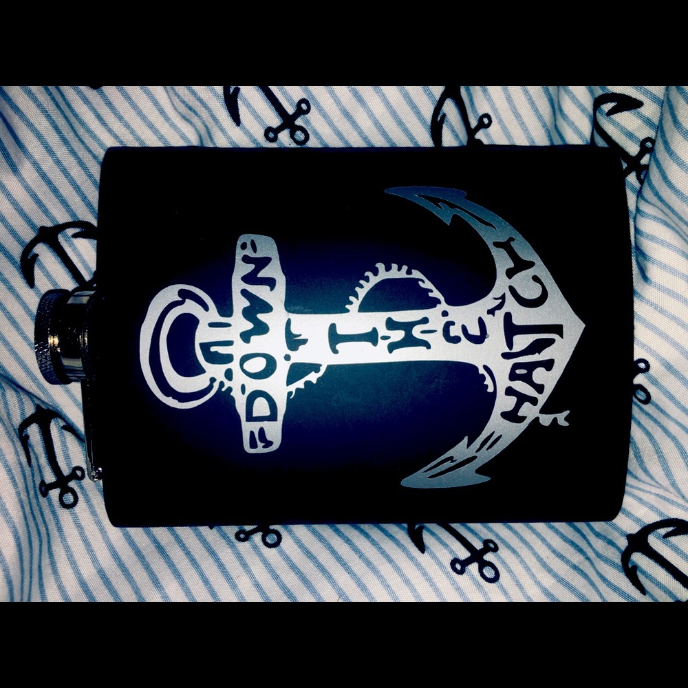 “Down the Hatch”custom flask.
